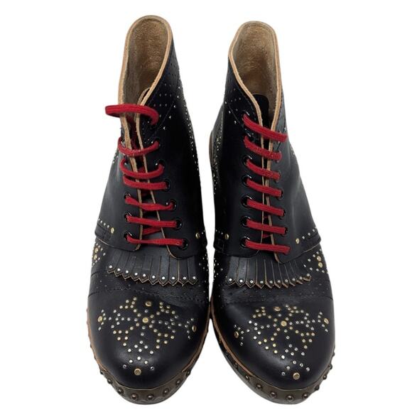 Burberry Black Studded Leather Lace-Up Booties 41 Red Made in Italy Wooden Heel - Picture 4 of 7